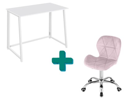 Set pentru birou – birou pliabil ZARIMO 80×40 cm, alb + scaun de birou AVOLA VELVET roz