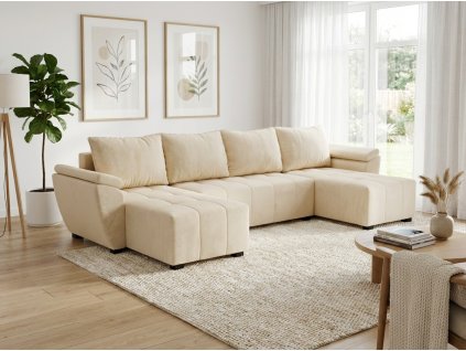 Moderní krémová sedací souprava do U LIVARO 305x140 cm rozkládací