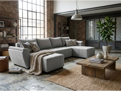 Moderní rohová sedací souprava do U LIVARO 305x140 cm, světle šedá