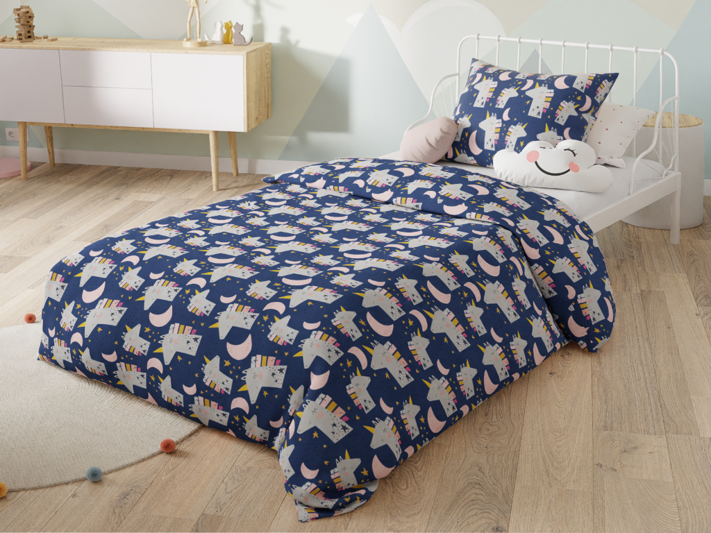 Lenjerie de pat pentru copii din bumbac Culoare albastru UNICORN AND THE MOON