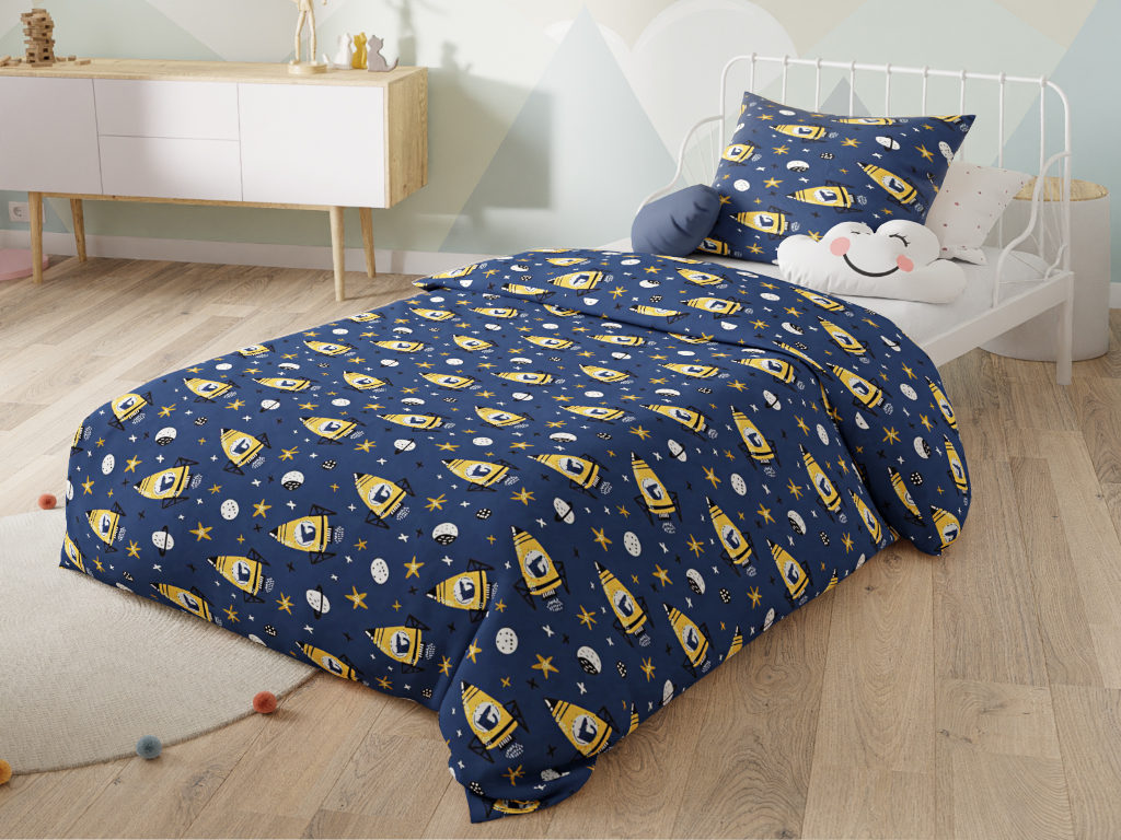 Lenjerie de pat pentru patut copii din bumbac Culoare albastru ROCKET AND STARS
