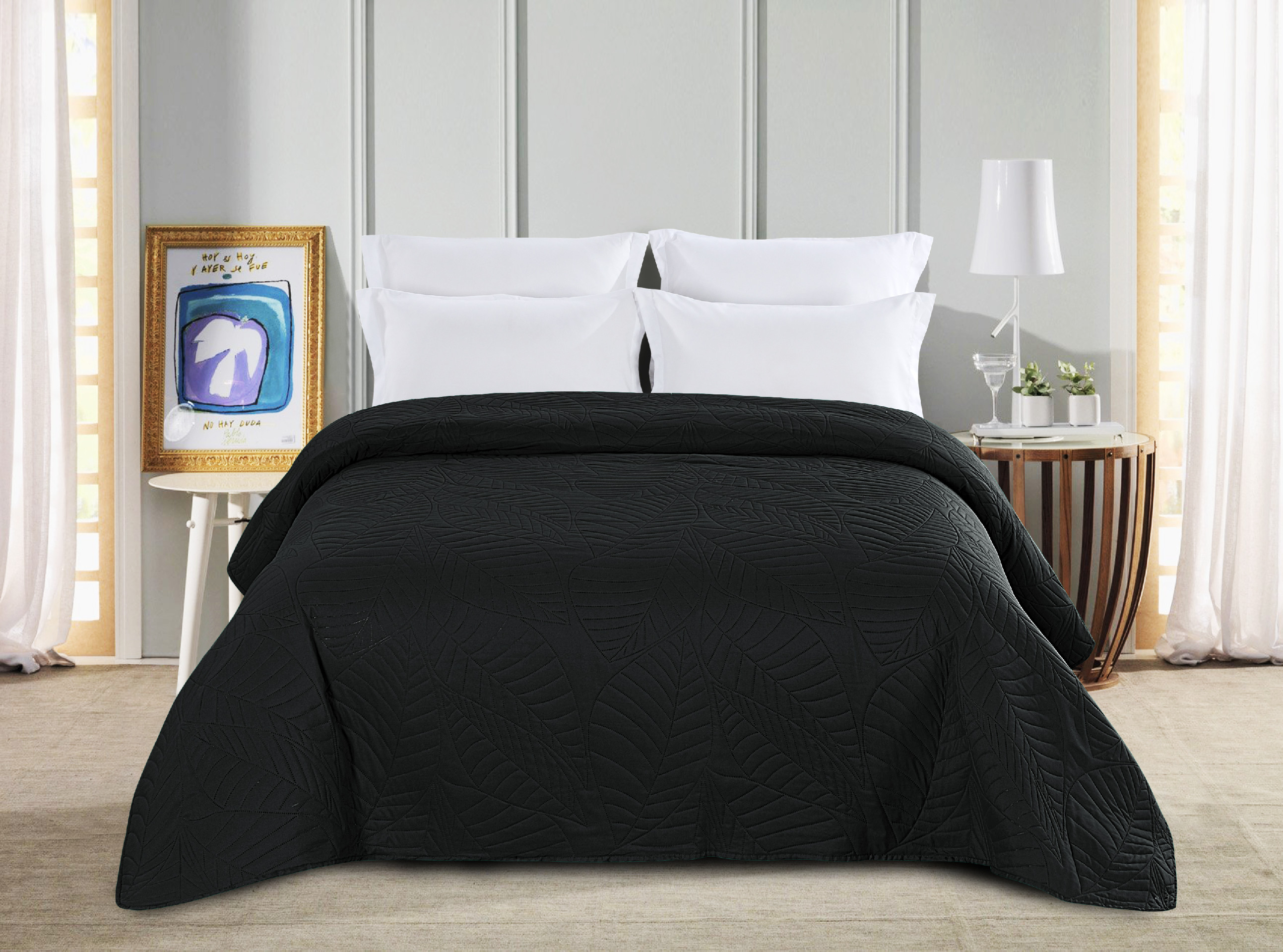 Cuvertur de pat neagra cu model LEAVES Dimensiuni: 200 x 220 cm