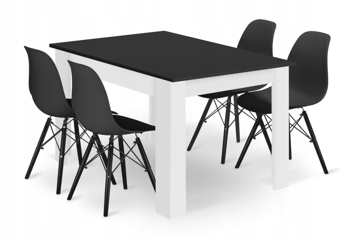 Set de sufragerie alb-negru 1 + 4 masa MADO 120x80 + scaune OSAKA