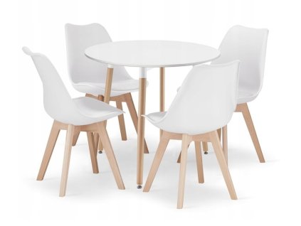 Bílý kulatý jídelní stůl KAMI o průměru 80 cm s přírodními bukovými nohami, výška 74,5 cm, moderní a nadčasový design