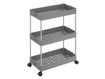 Šedý regál na kolečkách, 3 police, ideální úložné řešení do koupelny.