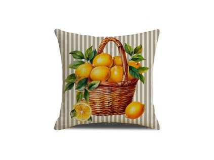 Povlak na polštář LEMON BASKET 45x45 cm, proužky a motiv citronů, zapínání na zip, svěží doplněk pro interiér i terasu.
