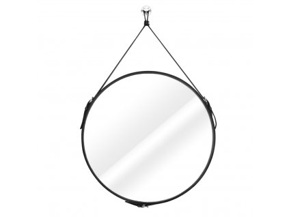 Černé kulaté zrcadlo s koženou rukojetí ESHA (Priemer zrkadla 60 cm)