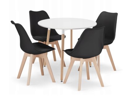 Jídelní set 1+4, čtvercový stůl KAMI 80x80 cm v bílé barvě s přírodními bukovými nohami a čtyři černé židle BALI MARK, moderní a elegantní design