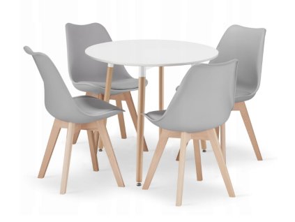 Jídelní set 1+4, kulatý stůl KAMI 80 cm v bílé barvě s přírodními bukovými nohami a čtyři šedé židle BALI MARK, moderní a elegantní design