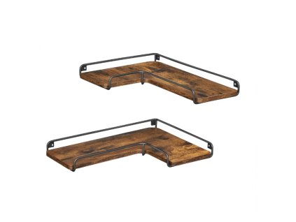 Rohové police TAYLOR hnědé – Sada 2 industriálních polic, kombinace dřeva a kovu, ideální do rohů místností.
