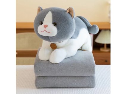 Plyšová KOČKA s dětskou dekou uvnitř, šedá