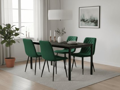 Černý stůl RAMOD mramor 100x60 a zelené židle TURIN – elegantní jídelní set
