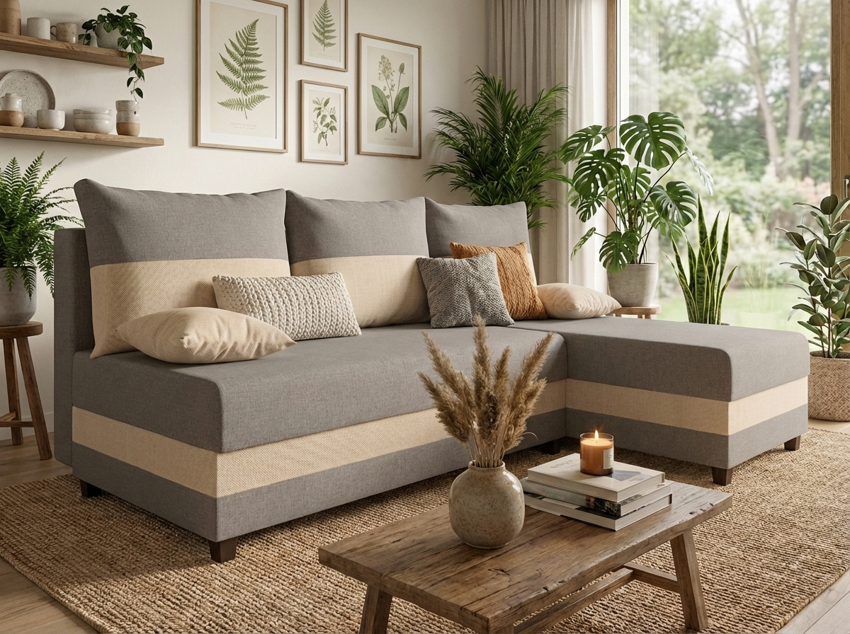 E-shop Rozkladacia obojstranná sedacia súprava do L VALERIO SLIM 200x140 cm, svetlosivá/béžová + 2 vankúšiky ZDARMA