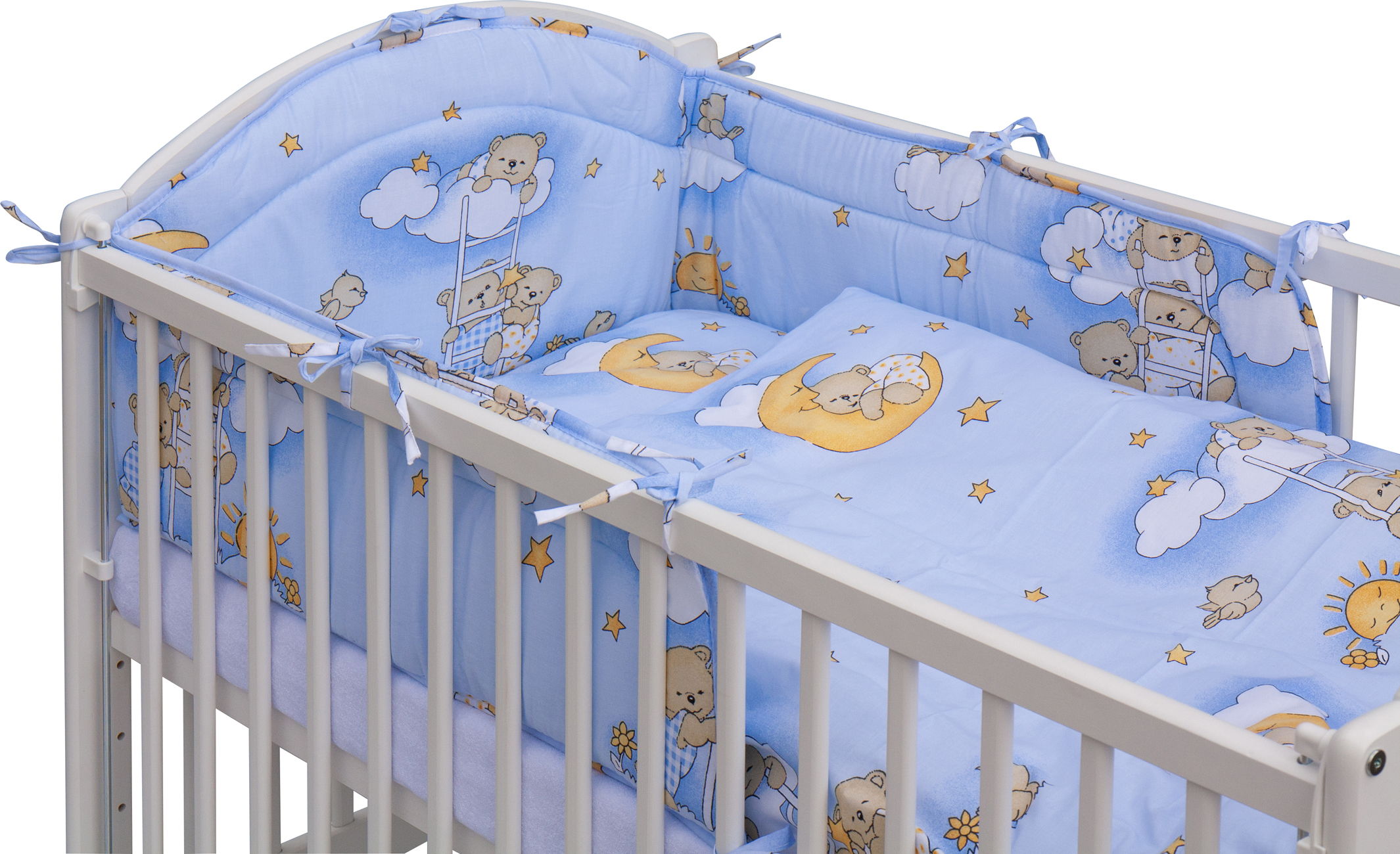 Dětská postýlka Alenka 120 x 60 cm borovice bílá  s kompletní výbavou Scarlett Mráček - modrá ,stahovací bok