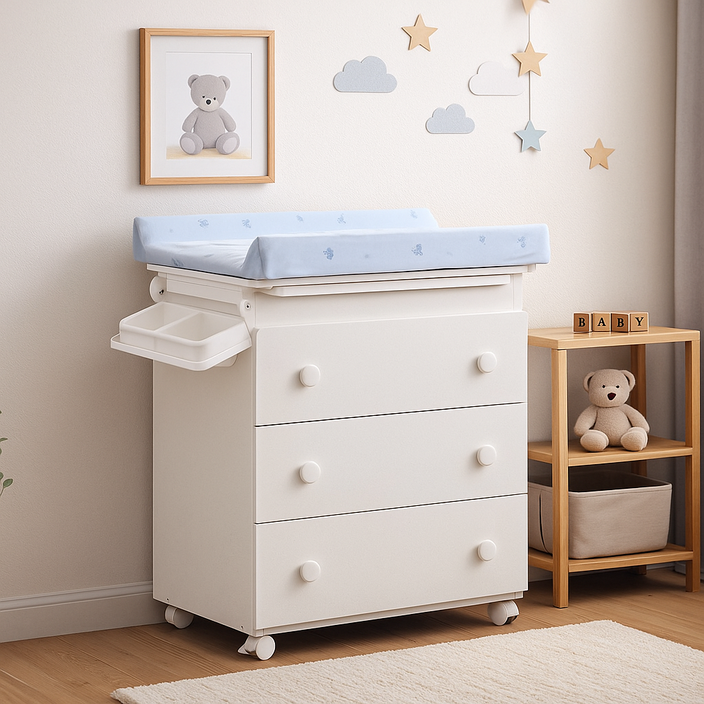 Scarlett, Přebalovací komoda s vaničkou Scarlett Vista - bílá - s Přebalovací podložkou Slon - Modrá