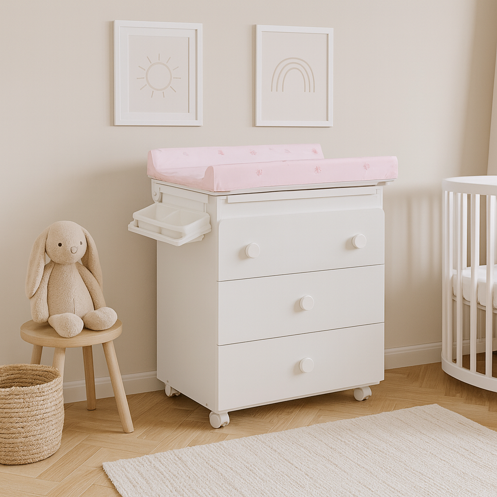 Scarlett, Přebalovací komoda s vaničkou Scarlett Vista - bílá - s Přebalovací podložkou Slon - Růžová