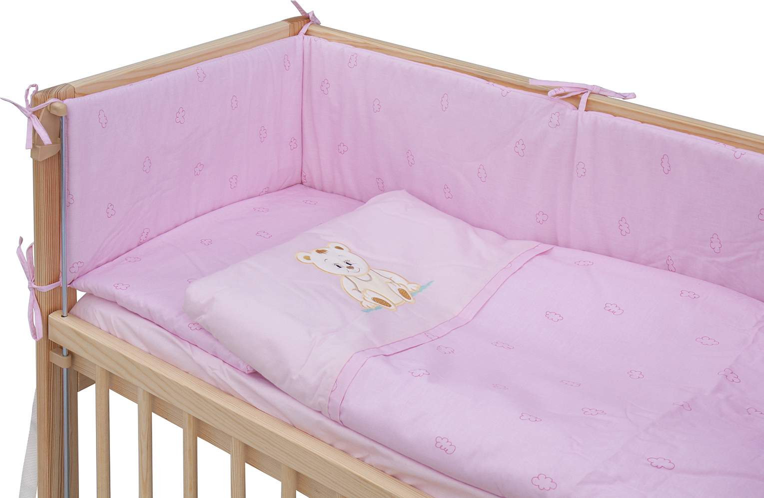 Scarlett, Dětská postýlka Baby Scarlett přírodní s kompletní výbavou - Méďa růžová - 90 x 41 cm