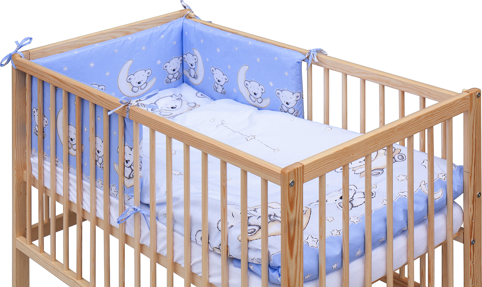 Dětská postýlka 120 x 60 cm borovice přírodní s kompletní výbavou Scarlett Toro - modrá, vyndavací příčky