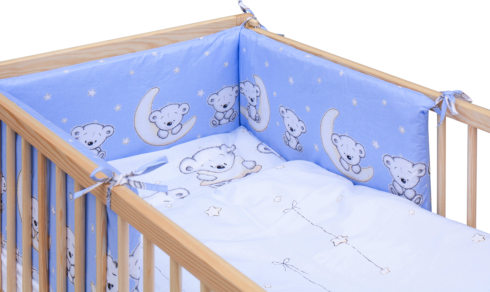 Dětská postýlka 120 x 60 cm borovice přírodní s kompletní výbavou Scarlett Toro - modrá, vyndavací příčky