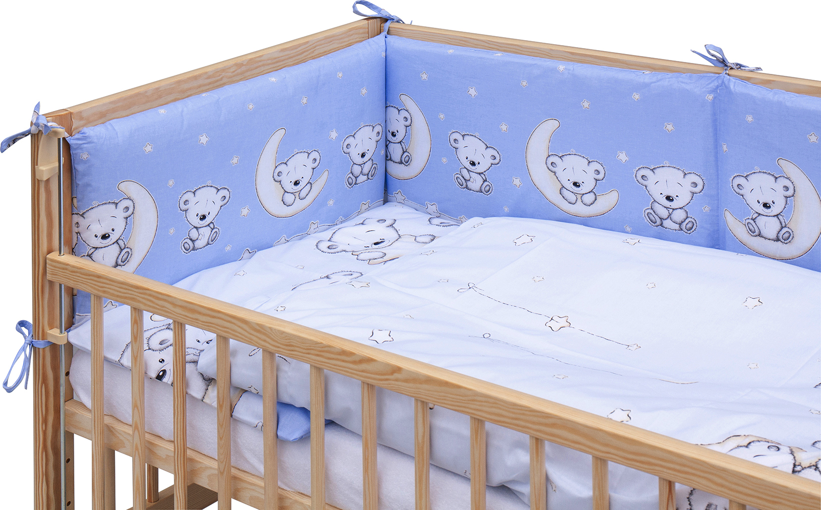 Dětská postýlka 120 x 60 cm borovice přírodní s kompletní výbavou Scarlett - Toro - modrá, stahovací bok