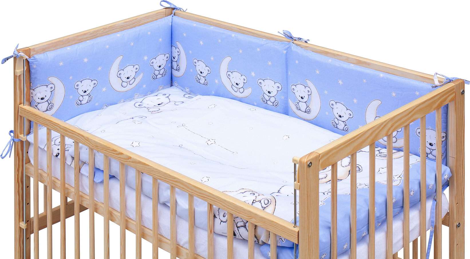 Dětská postýlka 120 x 60 cm borovice přírodní s kompletní výbavou Scarlett - Toro - modrá, stahovací bok