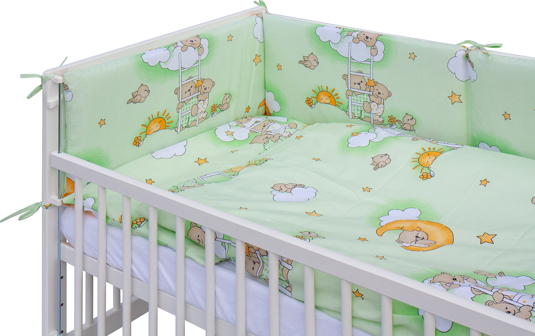 Dětská postýlka 120 x 60 cm buk bílá  s kompletní výbavou Scarlett Mráček - zelená ,stahovací bok