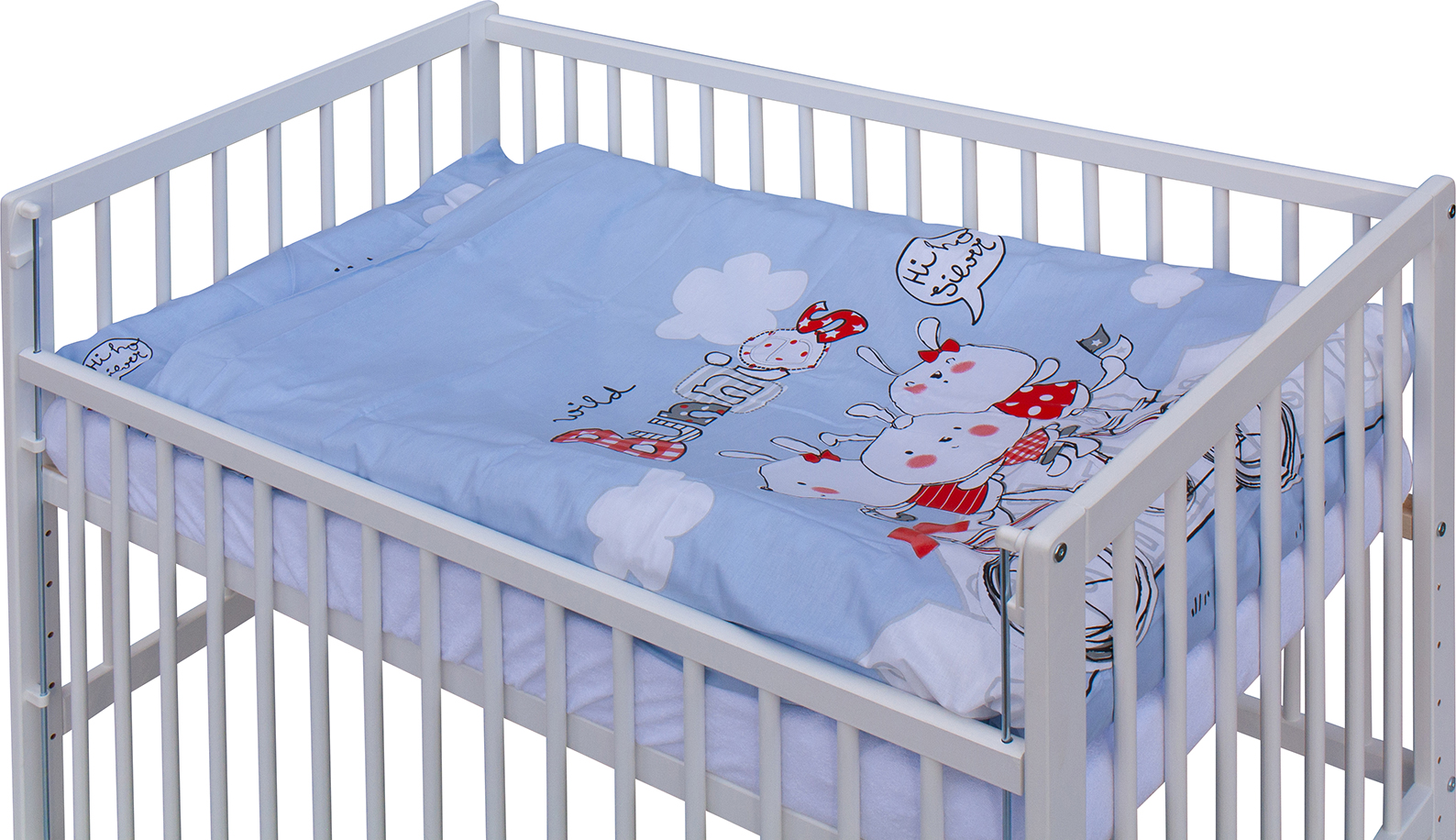 Dětská postýlka 120 x 60 cm buk bílá s kompletní výbavou Scarlett - Uly - modrá, stahovací bok