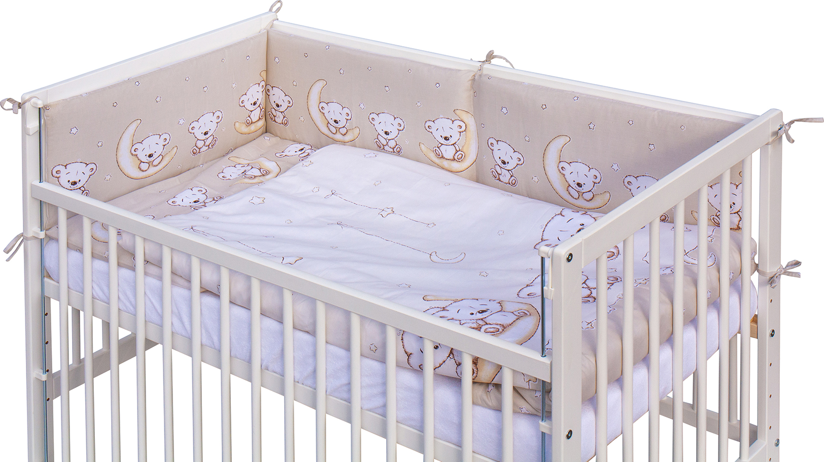 Dětská postýlka 120 x 60 cm buk bílá   s kompletní výbavou Scarlett Toro - béžová ,stahovací bok