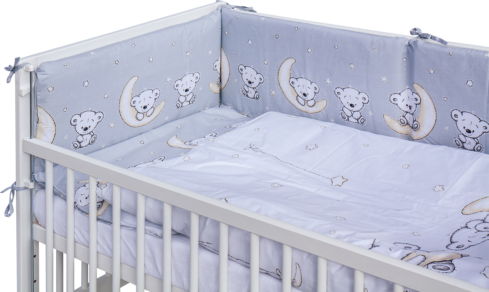 Dětská postýlka 120 x 60 cm buk bílá   s kompletní výbavou Scarlett Toro - šedá ,stahovací bok