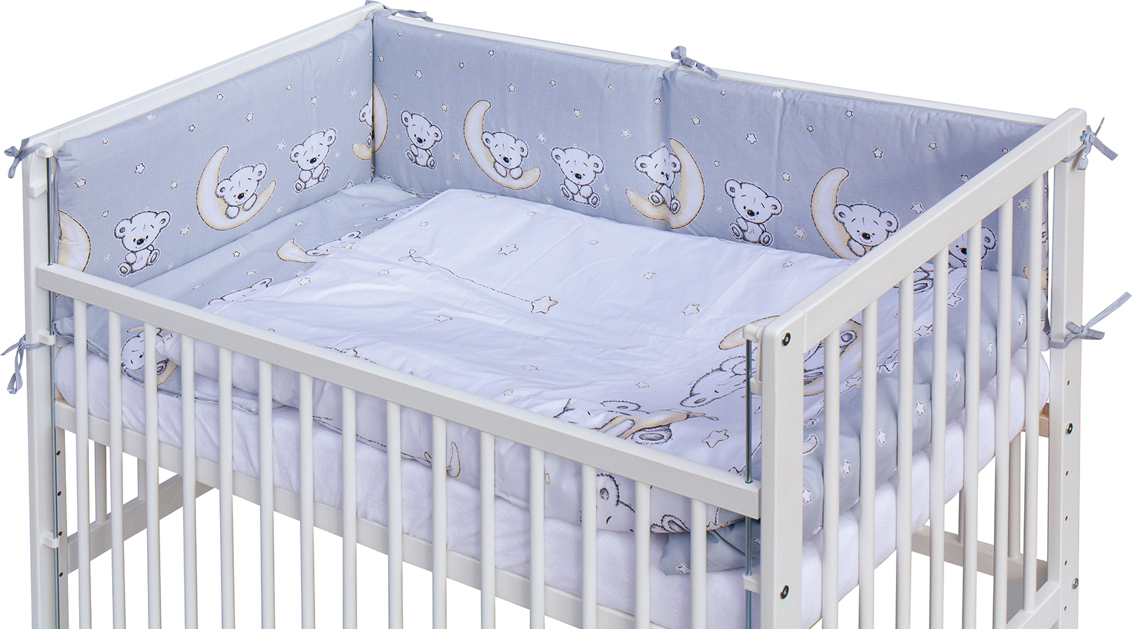 Dětská postýlka 120 x 60 cm buk bílá   s kompletní výbavou Scarlett Toro - šedá ,stahovací bok