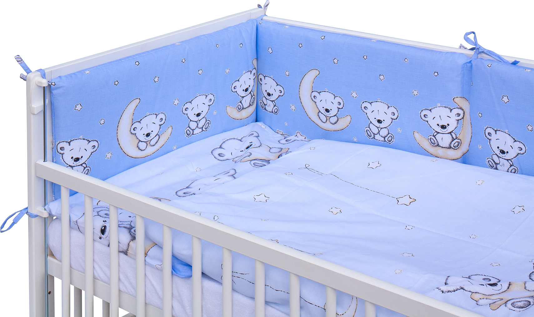 Dětská postýlka 120 x 60 cm buk bílá   s kompletní výbavou Scarlett Toro - modrá ,stahovací bok