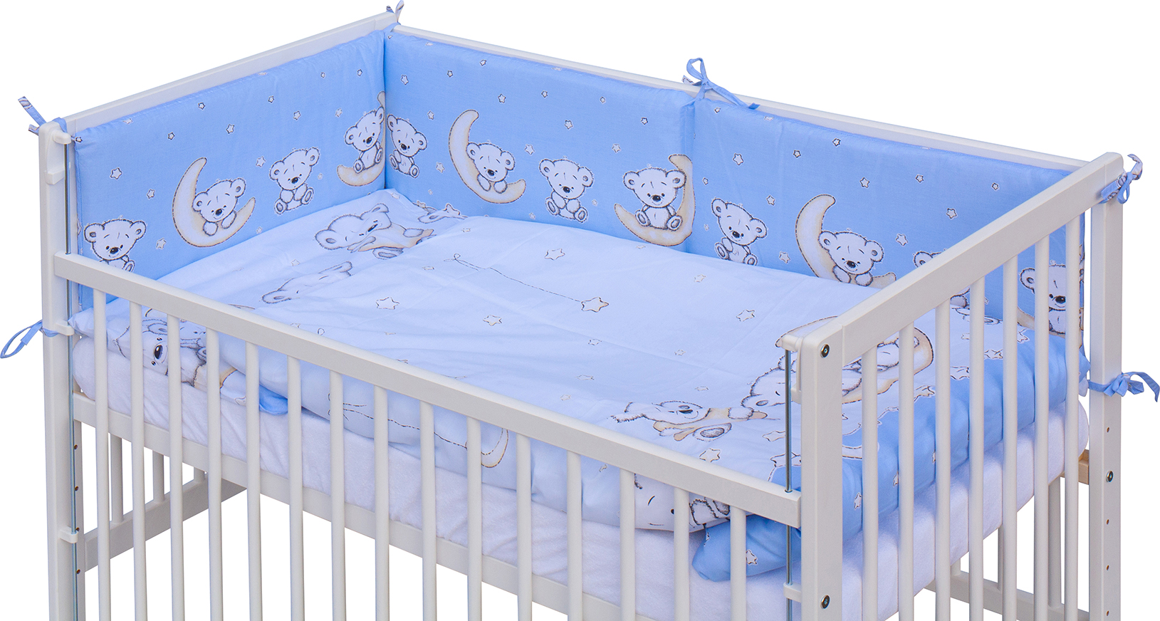 Dětská postýlka 120 x 60 cm buk bílá   s kompletní výbavou Scarlett Toro - modrá ,stahovací bok