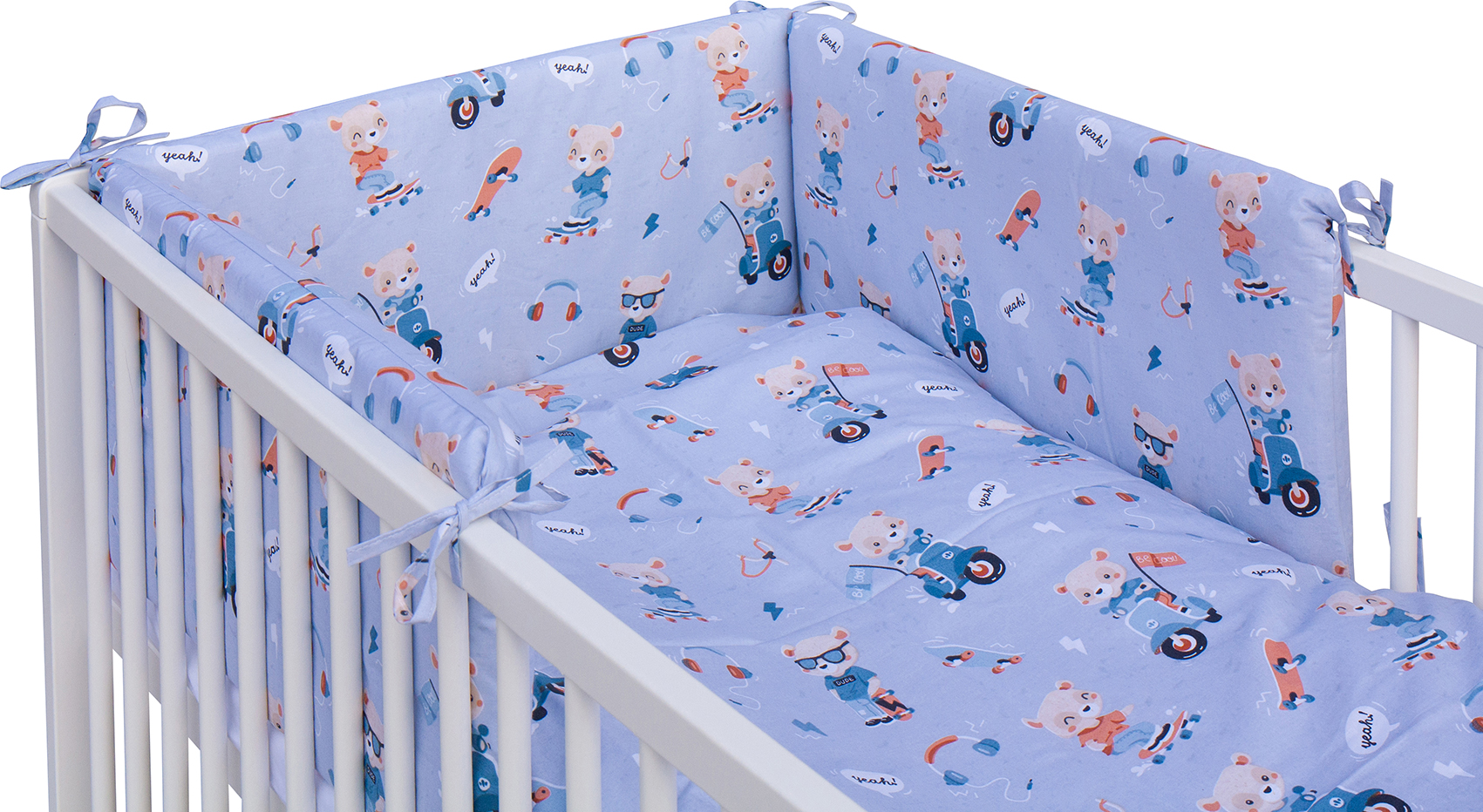 Dětská postýlka 120 x 60 cm buk bílá s kompletní výbavou Scarlett  Peko - modrá, vyndavací příčky