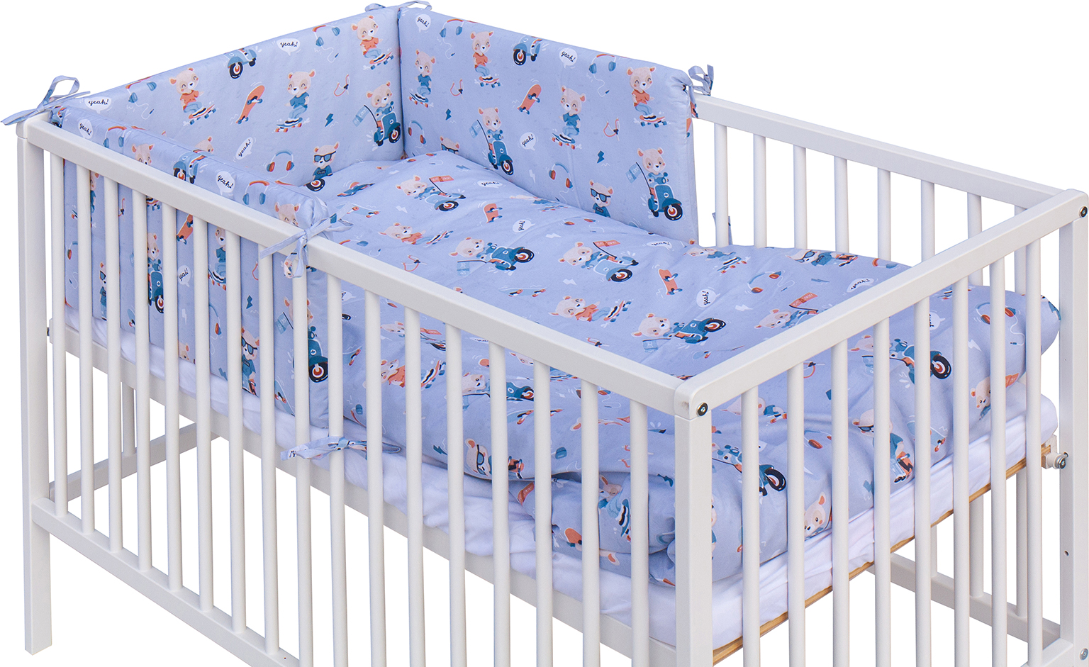 Dětská postýlka 120 x 60 cm buk bílá s kompletní výbavou Scarlett  Peko - modrá, vyndavací příčky