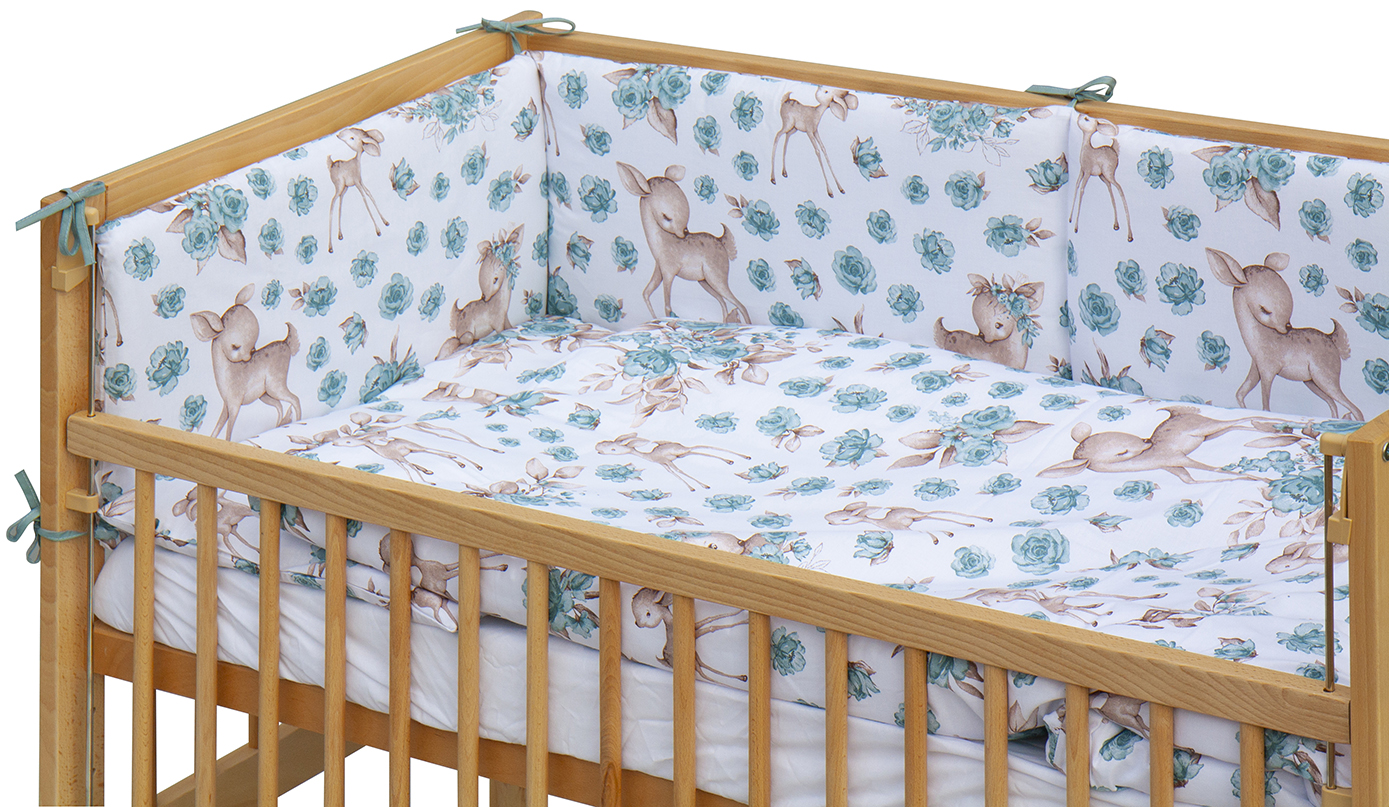 Dětská postýlka 120 x 60 cm buk přírodní s kompletní výbavou Scarlett  Srneček - tyrkysová ,stahovací bok