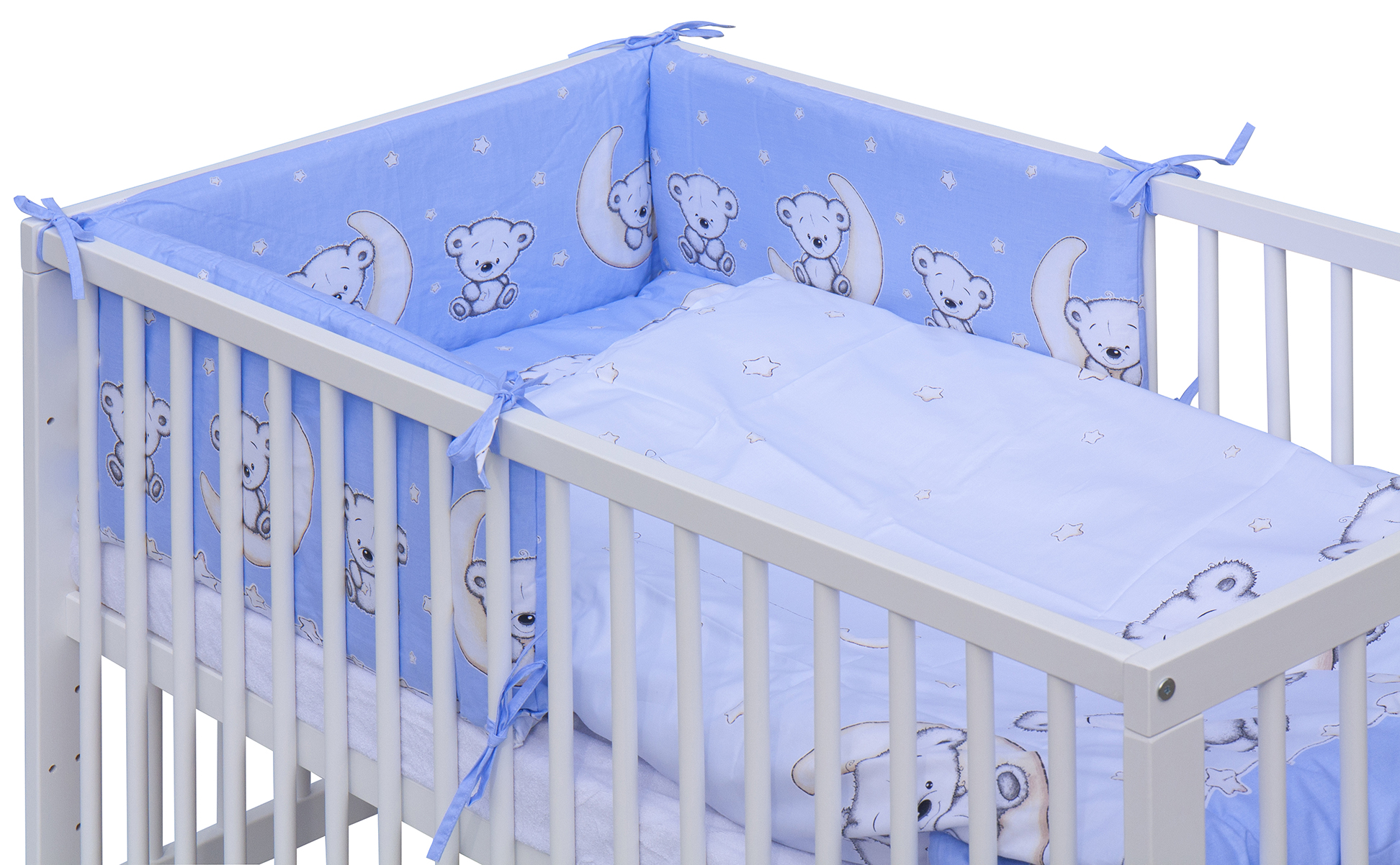 Dětská postýlka 120 x 60 cm buk bílá s kompletní výbavou Scarlett  Toro - modrá ,vyndavací příčky