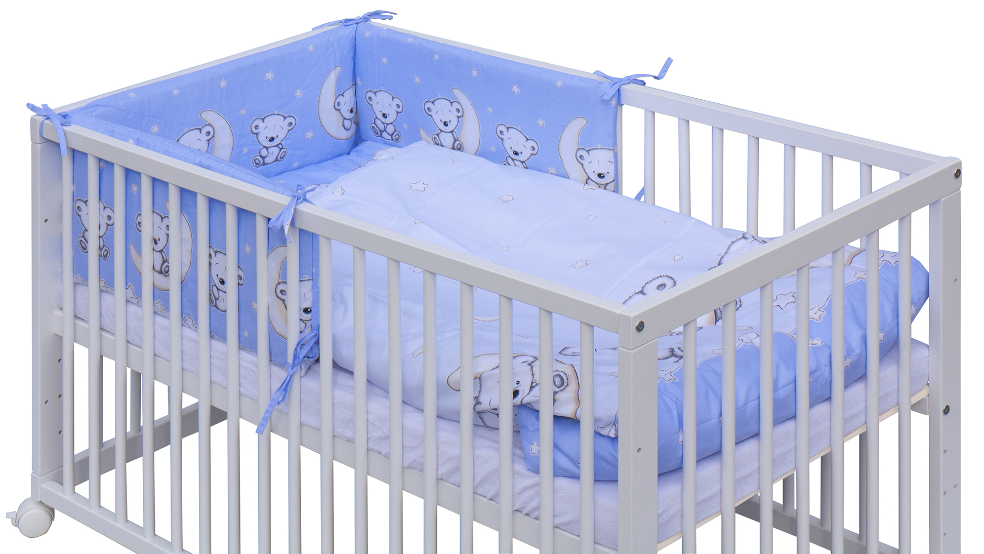 Dětská postýlka 120 x 60 cm buk bílá s kompletní výbavou Scarlett  Toro - modrá ,vyndavací příčky