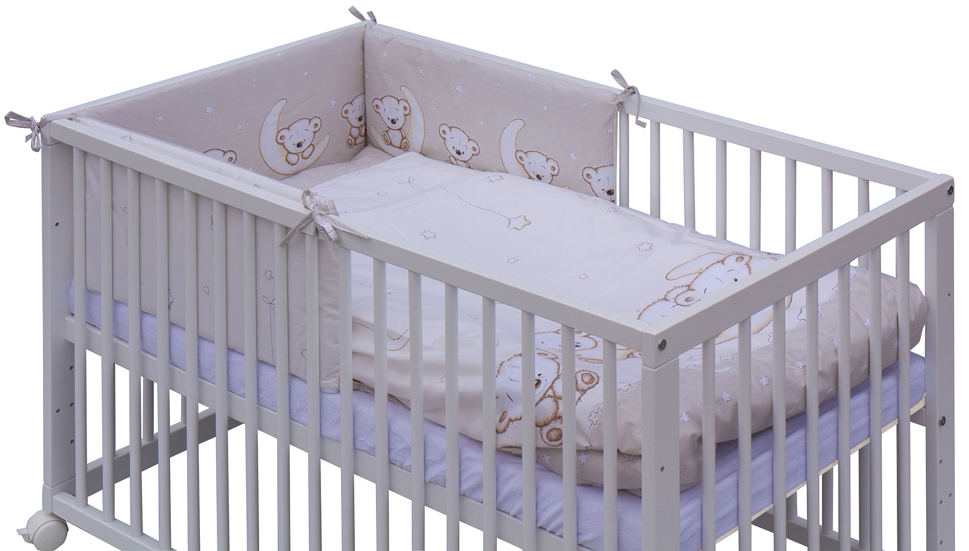 Dětská postýlka 120 x 60 cm buk bílá s kompletní výbavou Scarlett  Toro - béžová ,vyndavací příčky