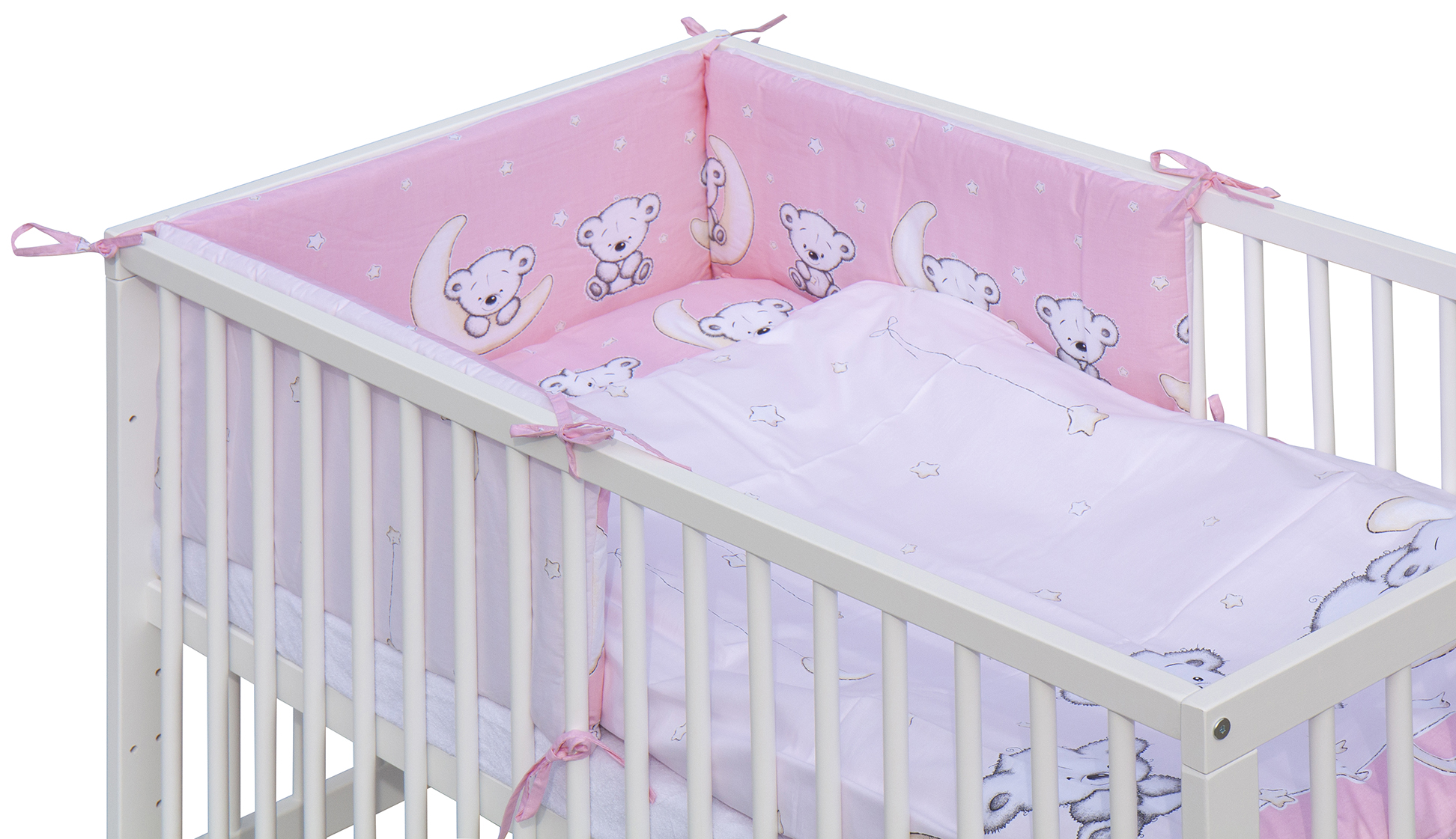 Dětská postýlka 120 x 60 cm buk bílá s kompletní výbavou Scarlett  Toro - růžová ,vyndavací příčky