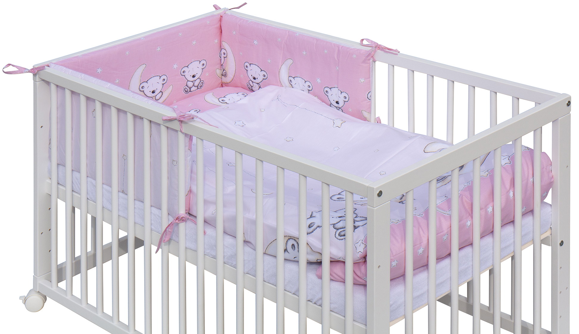 Dětská postýlka 120 x 60 cm buk bílá s kompletní výbavou Scarlett  Toro - růžová ,vyndavací příčky