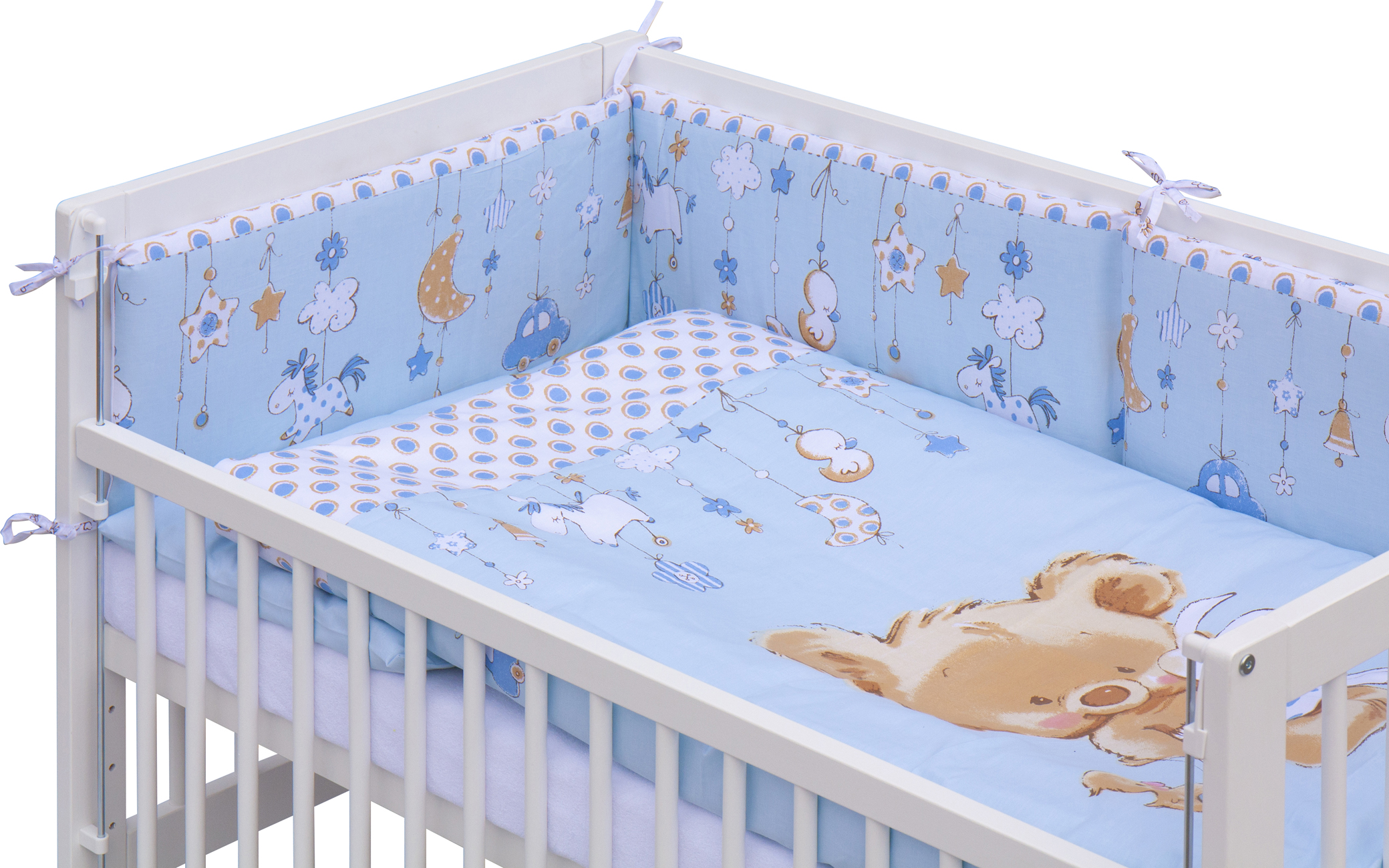 Dětská postýlka 120 x 60 cm buk bílá s kompletní výbavou Scarlett  Grisi - modrá, stahovací bok