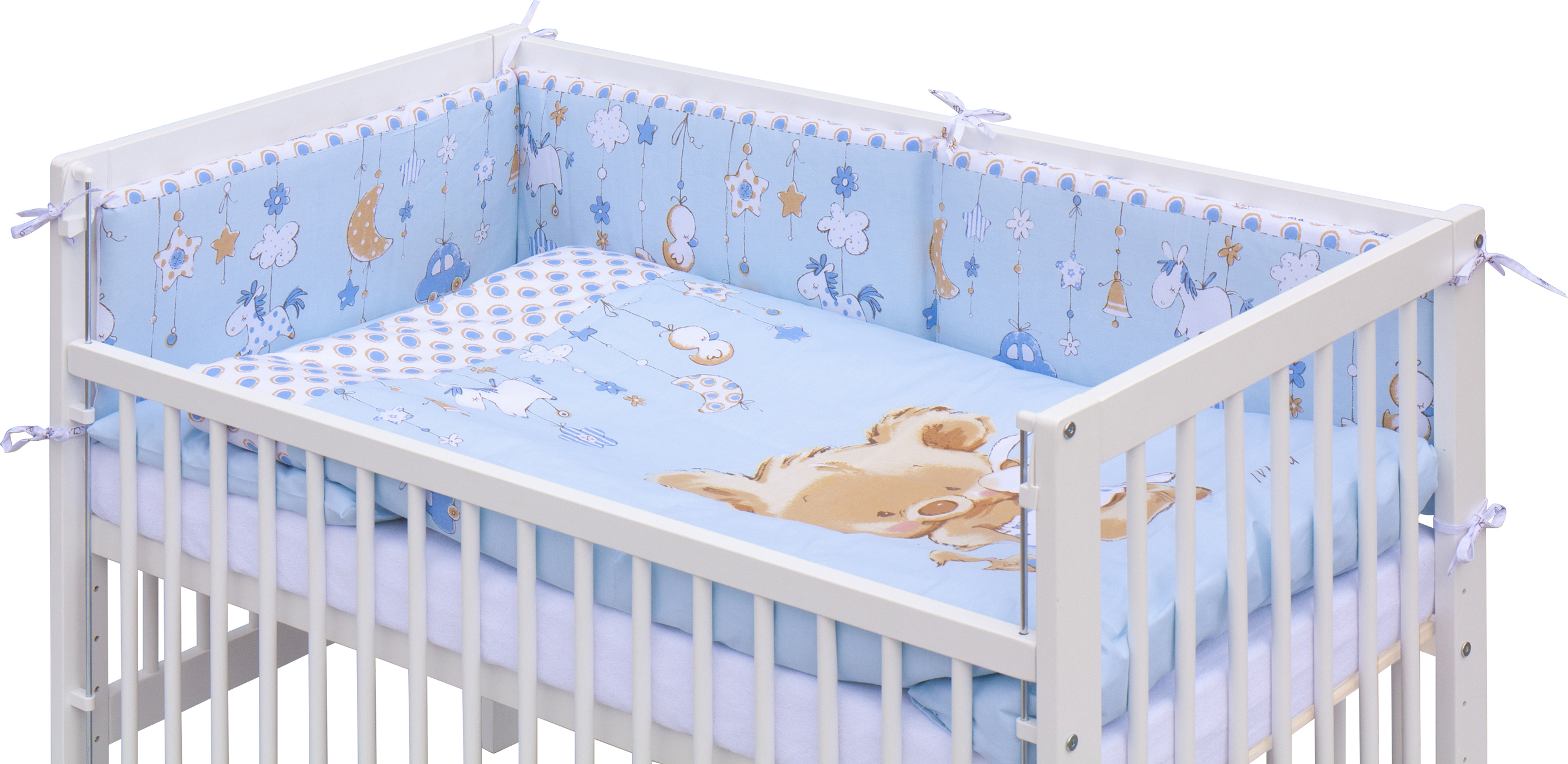 Dětská postýlka 120 x 60 cm buk bílá s kompletní výbavou Scarlett  Grisi - modrá, stahovací bok