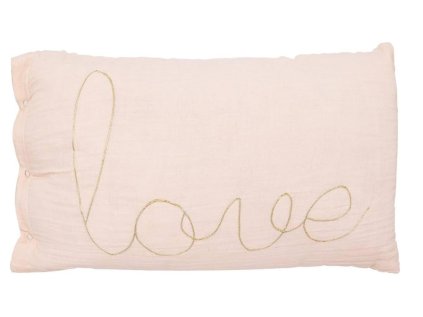 Dekorační polštářek LOVE, 50x30 cm, z jemné bavlněné gázy ve světle růžové. Perfektní doplněk pro skandinávský styl.
