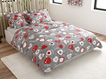 Vánoční povlečení mikroplyš VÁNOČNÍ SRDCE šedé s červenými srdci