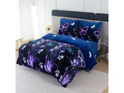 Povlečení mikroplyš VIOLET BUTTERFLY tmavě modré s motivem fialových motýlů