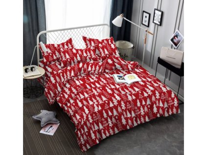 Vánoční povlečení Bavlněné CHRISTMAS TREES červené s motivem stromků