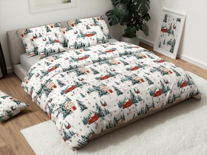 Bílé bavlněné povlečení SNOWY HOUSES s vánočním motivem domků