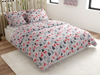 Bílé flanelové povlečení RED DEERS AND TREES s jeleny a stromy