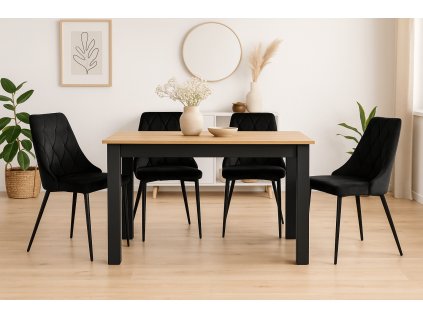 Essgruppe 1+4, schwarzer Tisch im goldenen Eichendekor MADO 120x80cm und schwarzer Samt-Esszimmerstuhl IMOLA