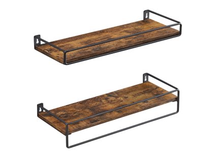 Nástěnné police TAYLOR hnědé – Sada 2ks, dřevěné police s černým kovovým rámem, ideální do kuchyně nebo koupelny.